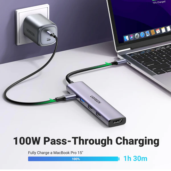 Hub chuyển đổi Type C Ugreen 15495 – HDMI 4K@30Hz, USB 2.0, USB 3.0, Sạc PD 100W